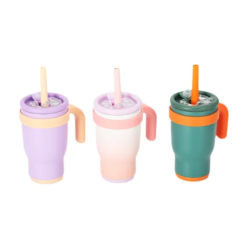 Customizable 14oz Kids Tumbler with Handle and Silicone Straw Thermal Insulated Stainless Steel Reusable for Toddlers