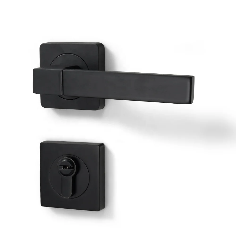 Yonfia A8230R10 Modern square Solid Black Aluminium Lever Door Handle Home Toilet Interior Lever Door Lock Handle for Wood Door