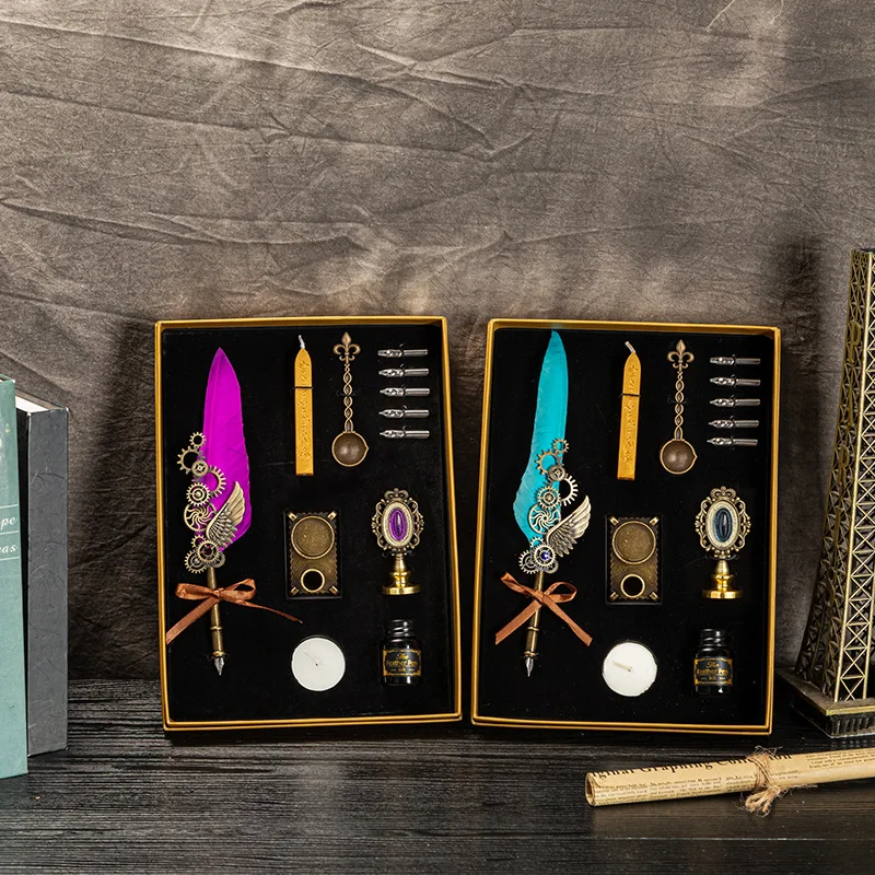 Calligraphy Feather Pen Set Natural Writing Fountain Pen Stamp Set Antique Mechanical Punk Design Ink Pen Set