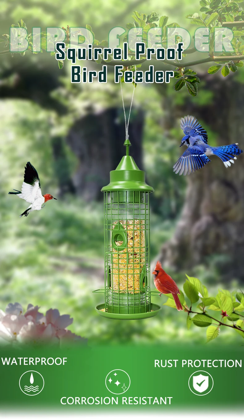 Outdoor Garden Backyard Hanging Decoration Metal Wire Cage Squirrel Proof wild Bird Feeder With Four Feeding Ports