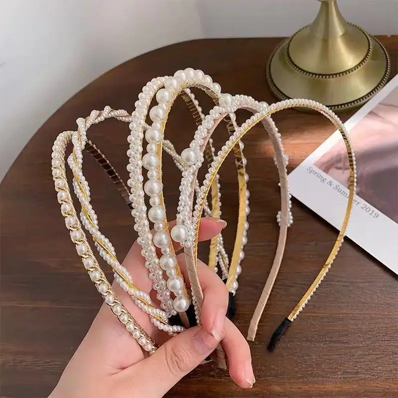 2021 Luxury Daily Wear White Pearl Beaded Headband Women  Handmade Elastic Pearl Bow Hair Accessories Hairband for Girls