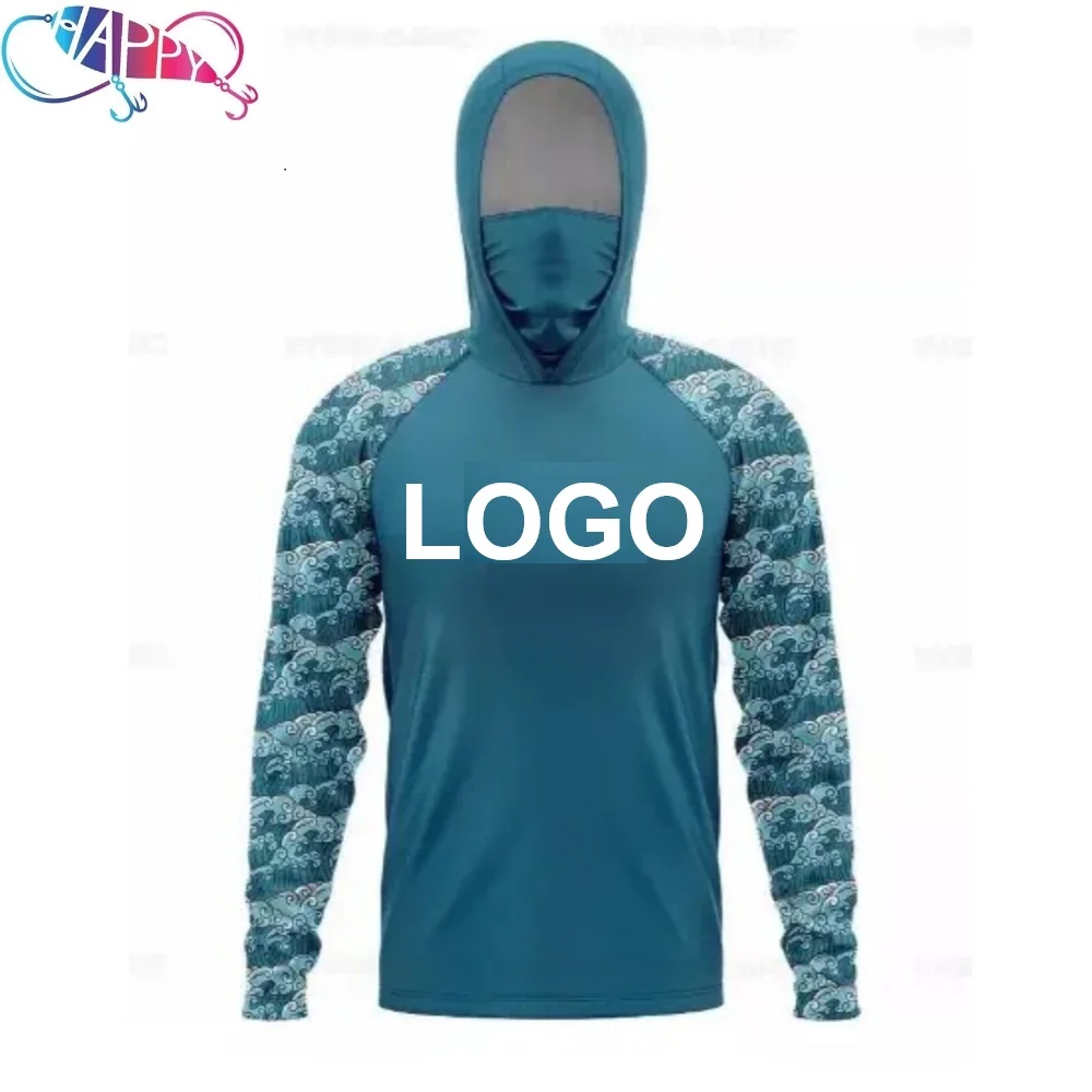 Custom LOGO Eco-Friendly Uv Fish Fast Dry Fish Print Cotton Hemp men Shirts Upf Hoodie Sun Protective Hooded Fishing T Shirt