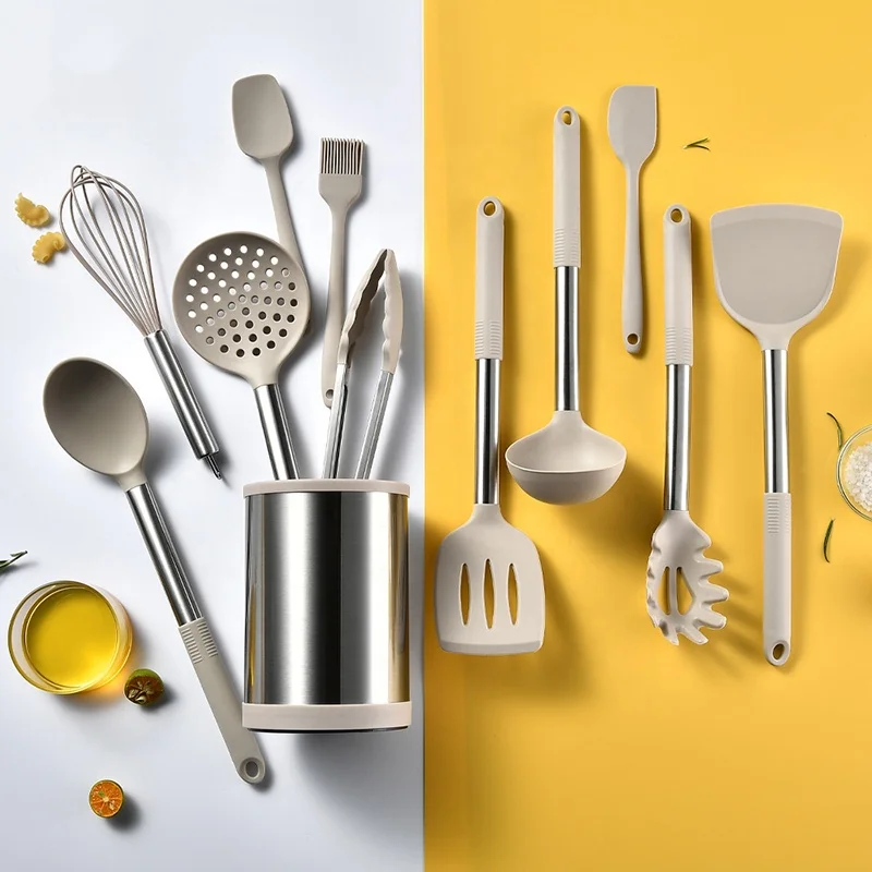 Kitchen Accessories 9 Pcs High Quality Stainless Steel Handle Silicone Utensils Set Custom Logo Kitchen Utensil Kit