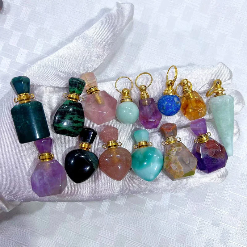 Hot Sales Natural Rose Quartz Perfume Oil Bottle Necklace Healing Stone Amethyst Pendant for DIY Crystal Crafts Gift