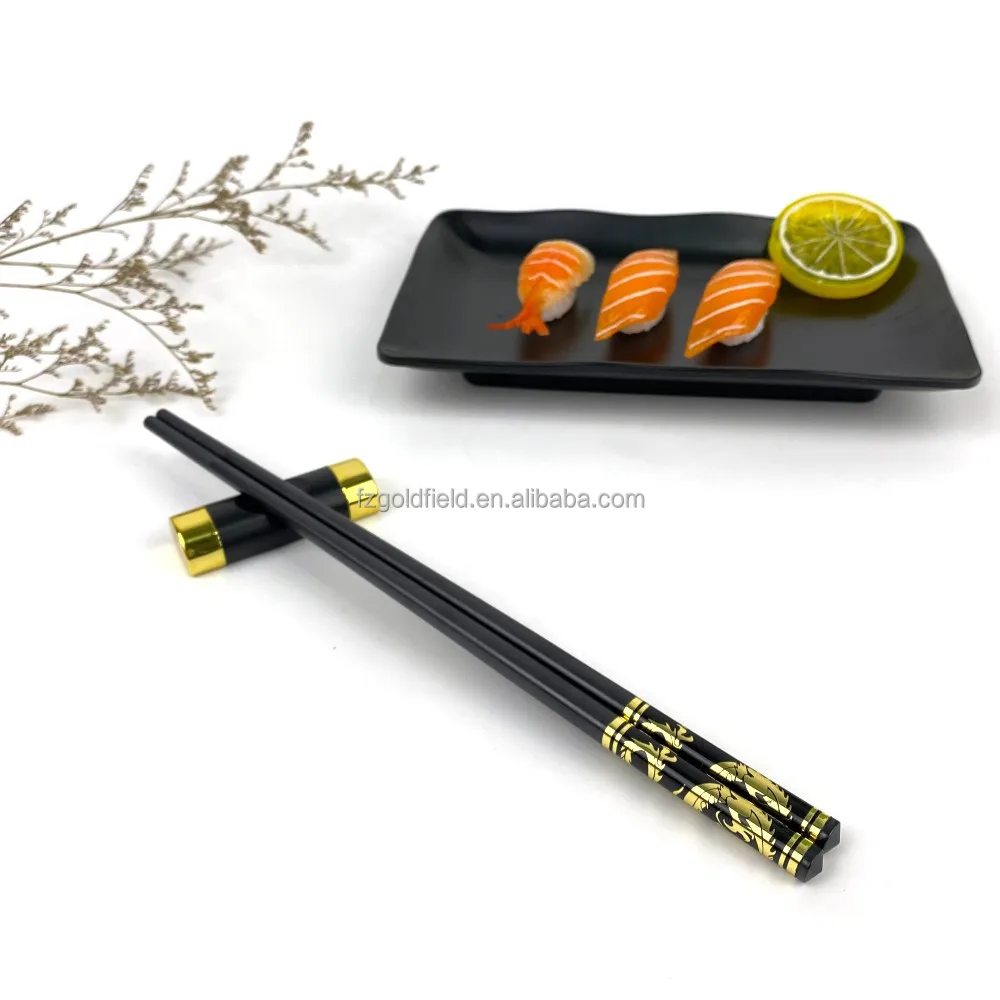 Dishwasher safe Wholesale Reusable 5prs  Black PPS Chopsticks   Chinese Dragon Pattern  Set With 5pcs Melamine  holder