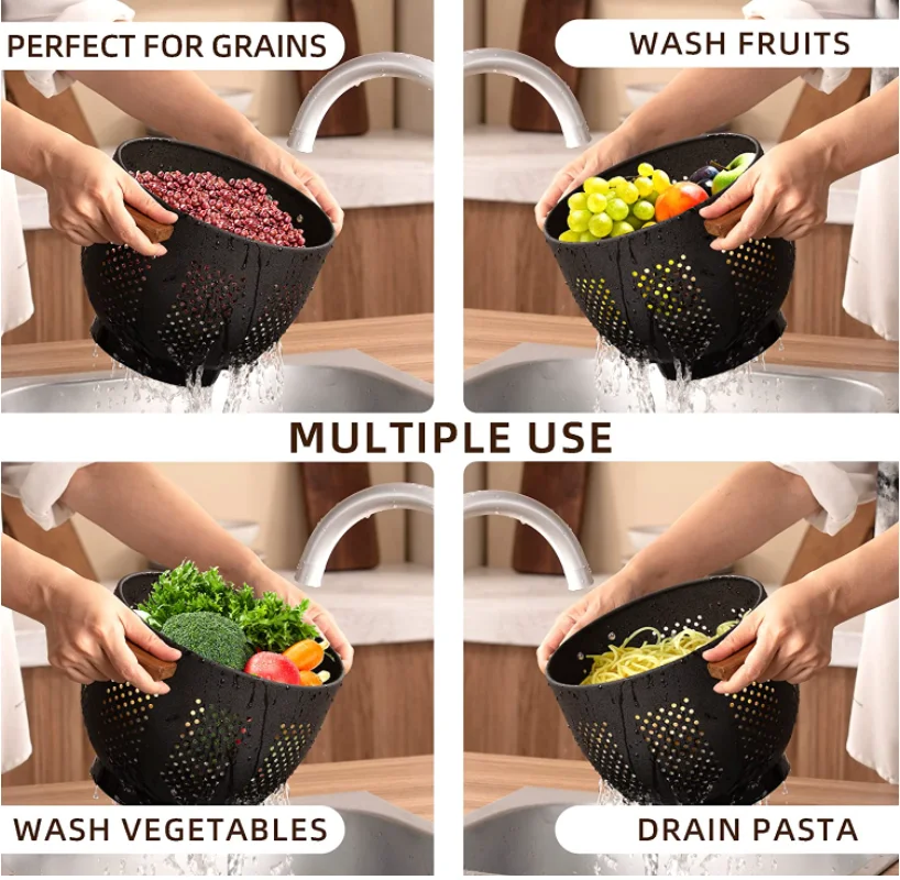 Stainless Steel Colander with Wood Bamboo Handle, 5.5 Quart Powder Coated Steel Large Kitchen Strainer Stable Base,Matte Black