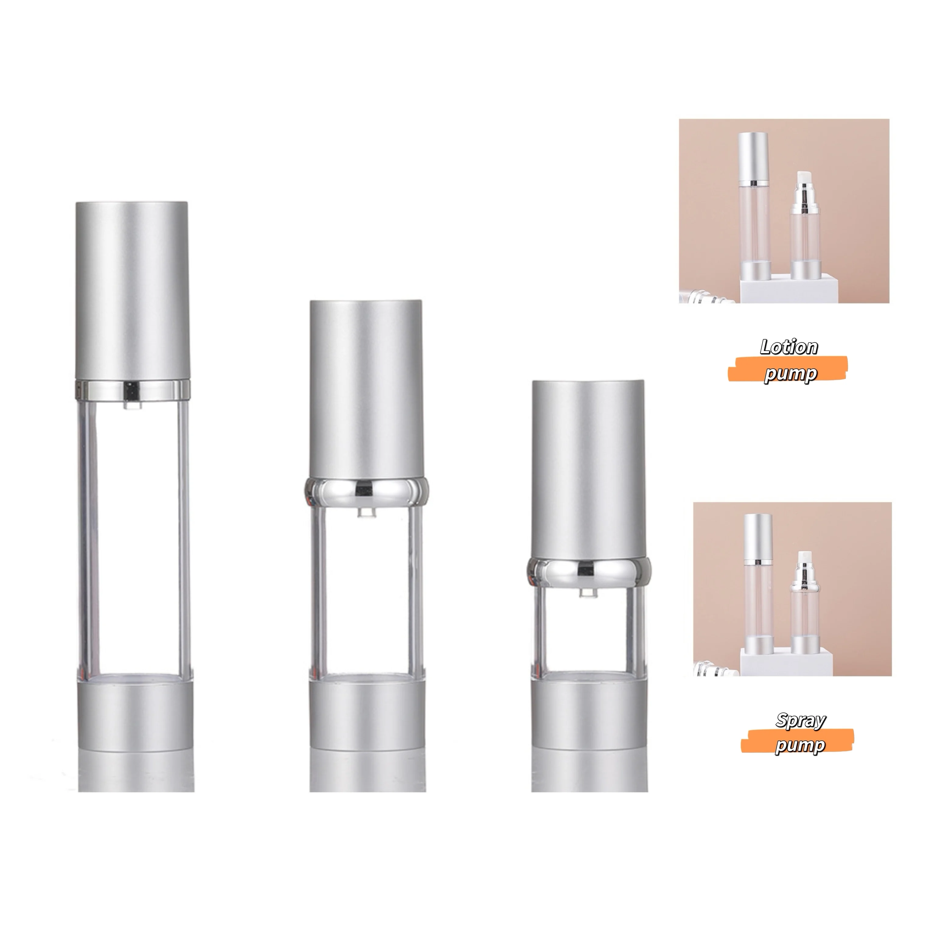 Luxury Silver 15ml/30ml/50ml AS Plastic Airless Lotion Pump Bottle Refillable Empty Vacuum Pump Screen Printing Packaging