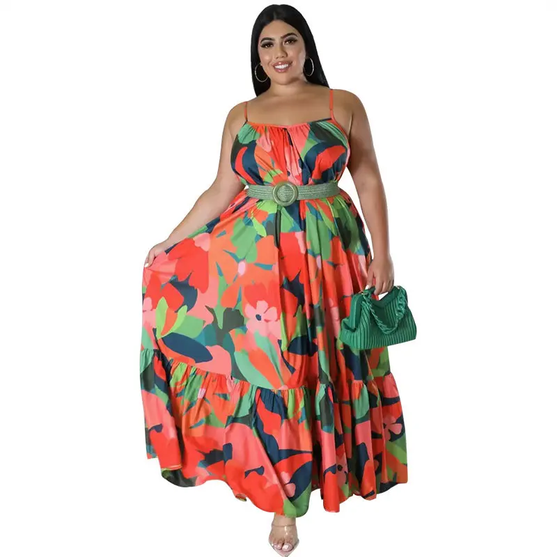 2023 Wholesale  Summer Plus Size Maxi  Sexy Sleeveless Printed Long Halter Dress Women Clothing