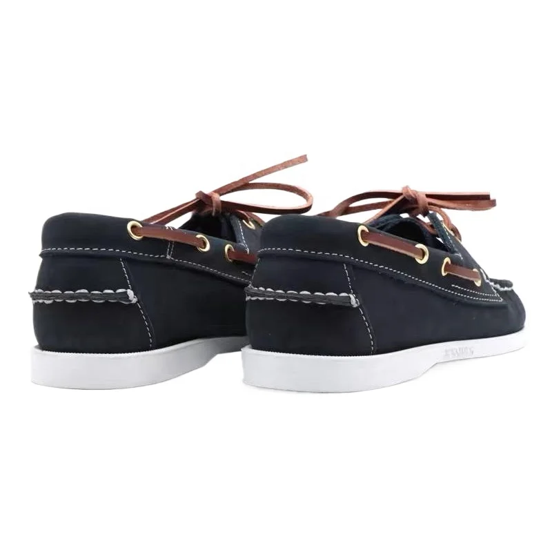 Dark Navy Nubuck Genuine Leather Peas Shoes Leather Laces Daily Commuter Casual Driving Walking Style Loafers Men Boat Shoes