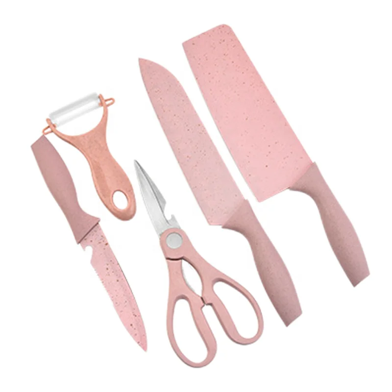 Colorful Straw Five-piece Rainbow Model Stainless Steel Spray Paint Knife Set Kitchen Box Set of Knives