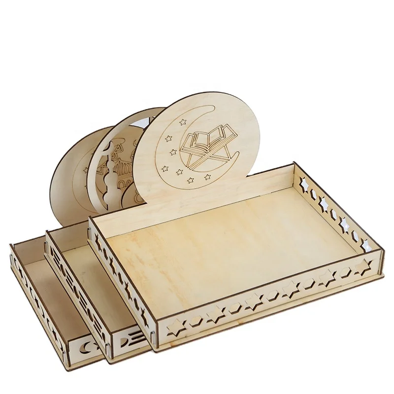 
Creative Wood Eid Mubarak Dessert Food Pallet Plates ramadan tray wooden tableware 