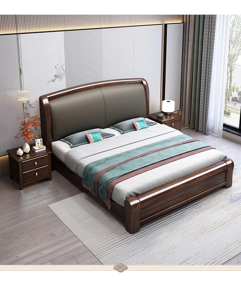 Purple Gold Sandalwood Solid Wood Bed King Size Light Luxury Double Wooden Beds Leather Soft Bag Storage Bed Bedroom Furniture