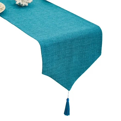 Factory price 35*240 cm Lake blue 320g Faux linen Triangle solid color with tassels christmas polyester table runner