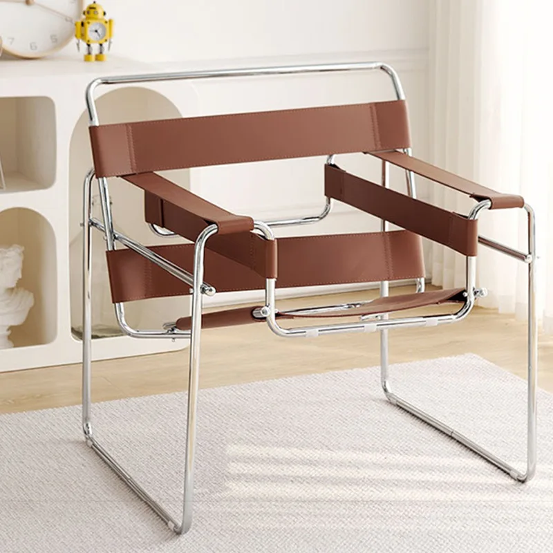 Italian Medieval Vintage Designer Studio Bauhaus Baxton Vasili Wasily Accent Steel Saddle Leather Living Room Lounge Chair