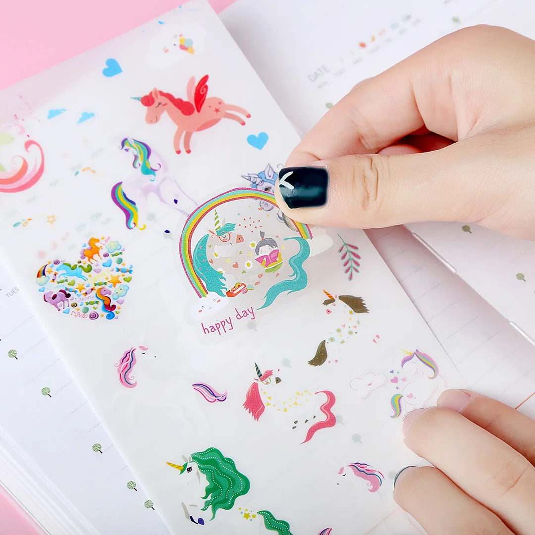 6 pcs in 1 pack Cartoon DIY album decorative stickers Cute fresh creative unicorn PVC decals for kids