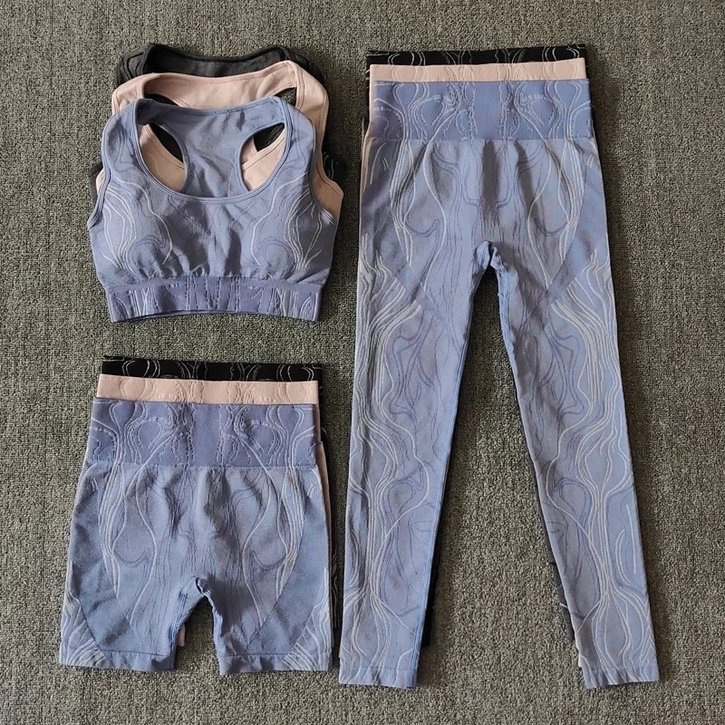 Women Custom Logo Sportswear 3 Piece Exercise Leggings Seamless Print Fitness Wear Yoga Sets
