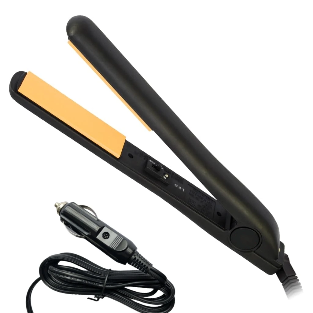 12 Volt Car Flat Iron 12V Black Portable Car Hot Cold Folding Travel Ideal Hair Straightener with LED light