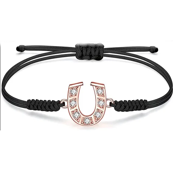 Luck Horseshoe Zircon Charm 925 Sterling Silver Hand Braided Rope  Bracelet for Men Women