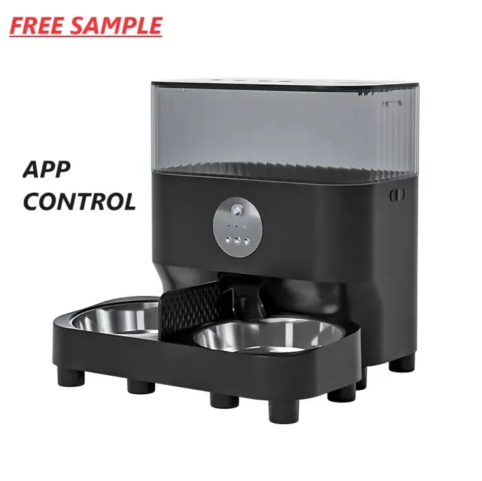 Two High Risers Stainless Steel Double Food Bowl Smart Pet Feeder Wifi  Automatic Cat Dog Feeder Camera