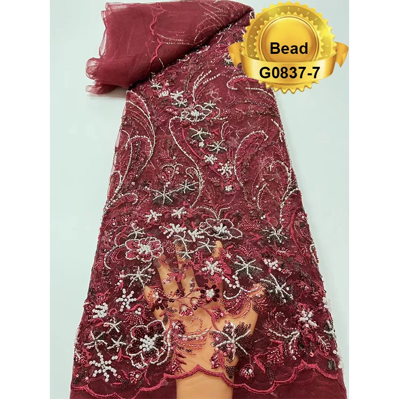 Guangzhou best quality lady dress machine beads 100% polyester french sequin lace fabric embroidery