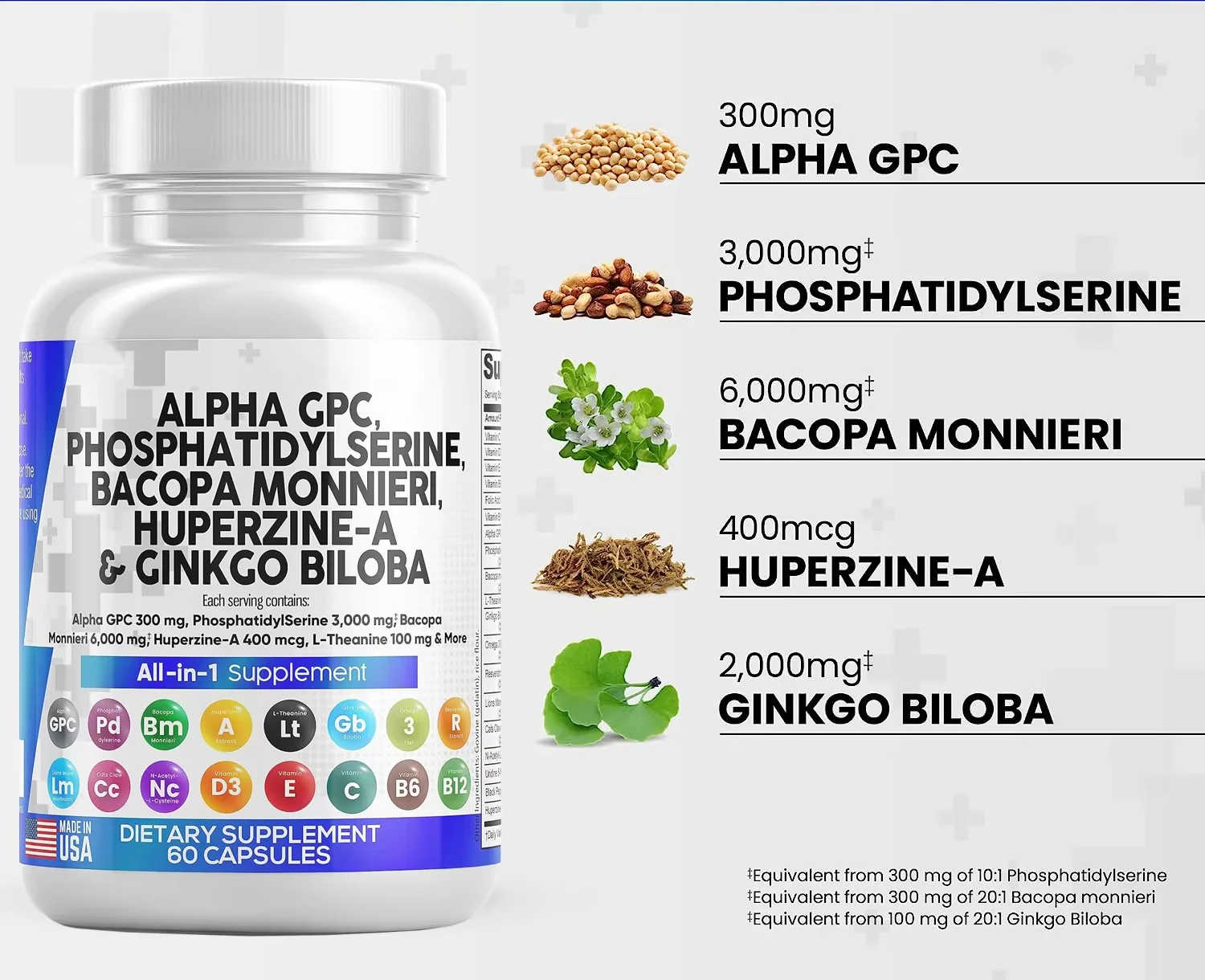 Alpha GPC Choline Capsules Phosphatidylserine Bacopa Monnieri Ginkgo Biloba Phosphatidylserine Enhanced Brain Function Adults