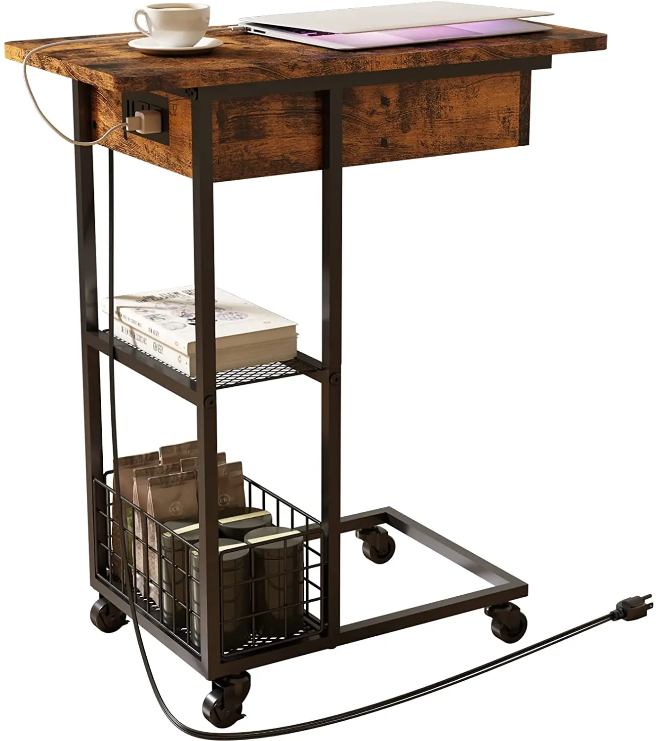 End Table with Charging Station C Shaped Snack Table for Small Spaces Flip Top Side Table with USB Ports Power Outlets