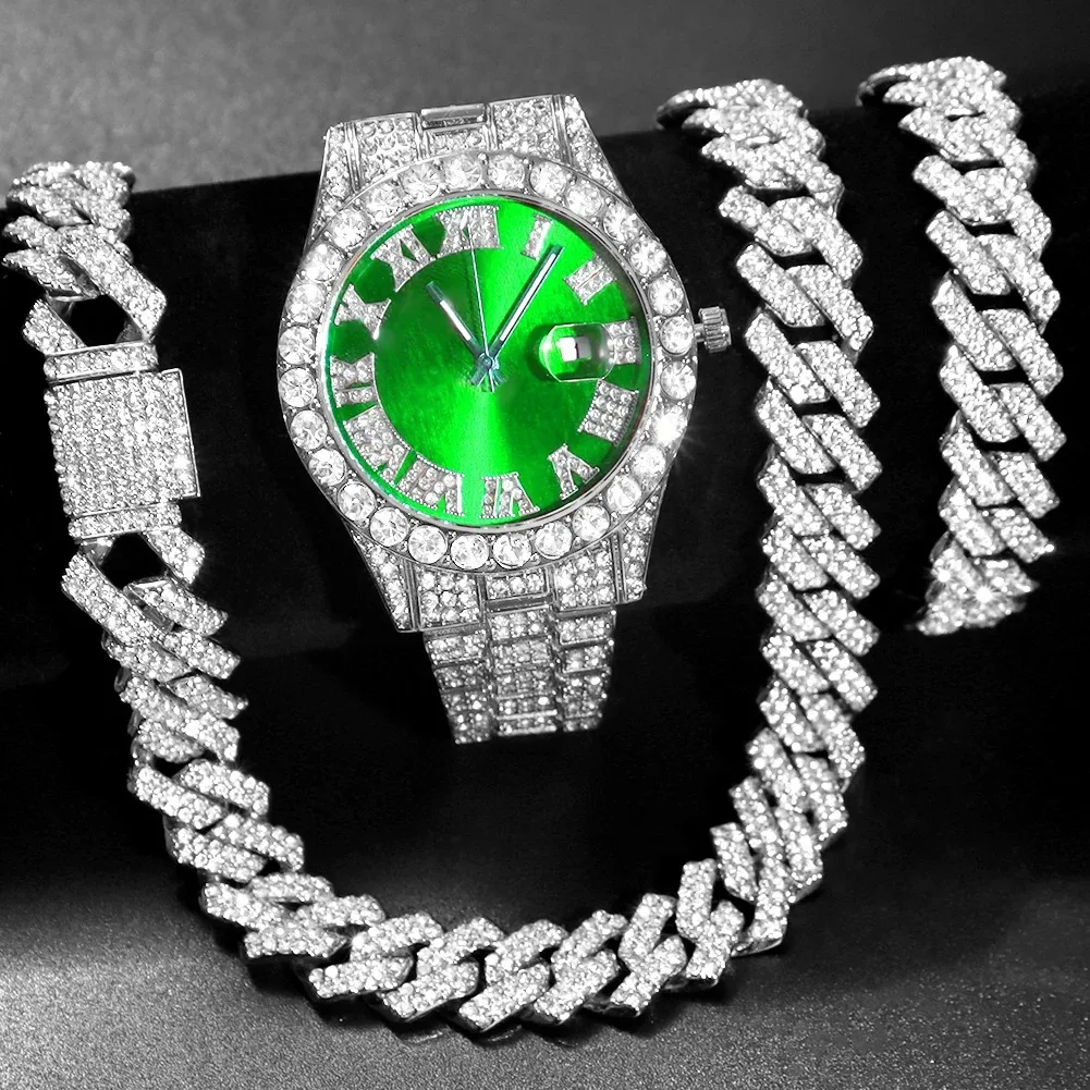 Hip Hop Watch+Bracelet+Necklace set Iced Out Watch For Men Cuban Chain Rapper Necklaces men watches Set Punk Party Jewelry Gift