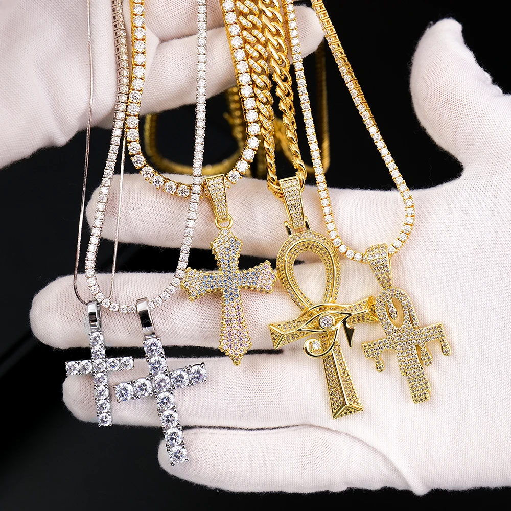 Wholesale New Design Iced out Hip Hop 925 Sterling Silver Moissanite Cross Pendant Rhodium Plated and Diamond Tester Pass