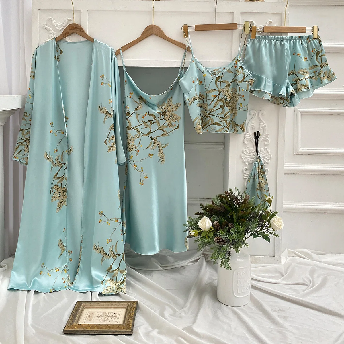2024 Women print satin sleepwear robe set fashion pajamas 4 piece set Pyjama nightwear set