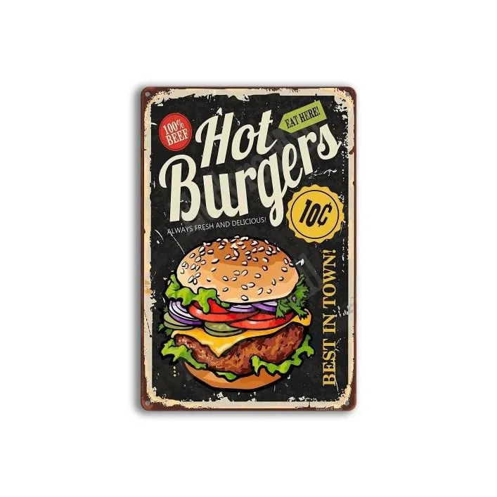 Hanging Wall Metal Decoration Vintage Hot Hamburger Shop Iron Sheet Decoration Painting Signs Metal Tin