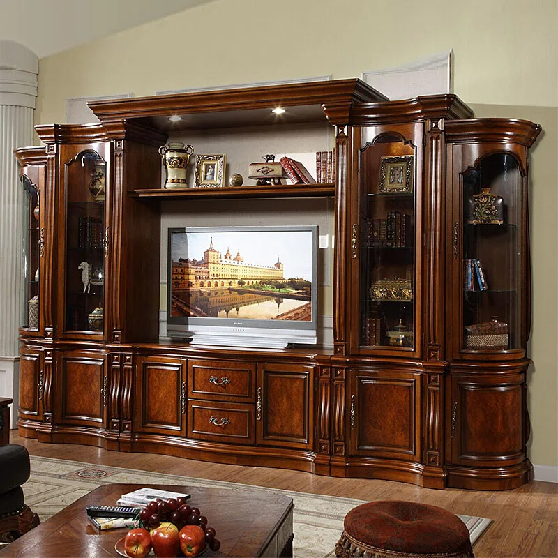 French Royal Solid Wood Top Quality TV Cabinet Stand With Showcase Luxury Living Room Furniture For Villa