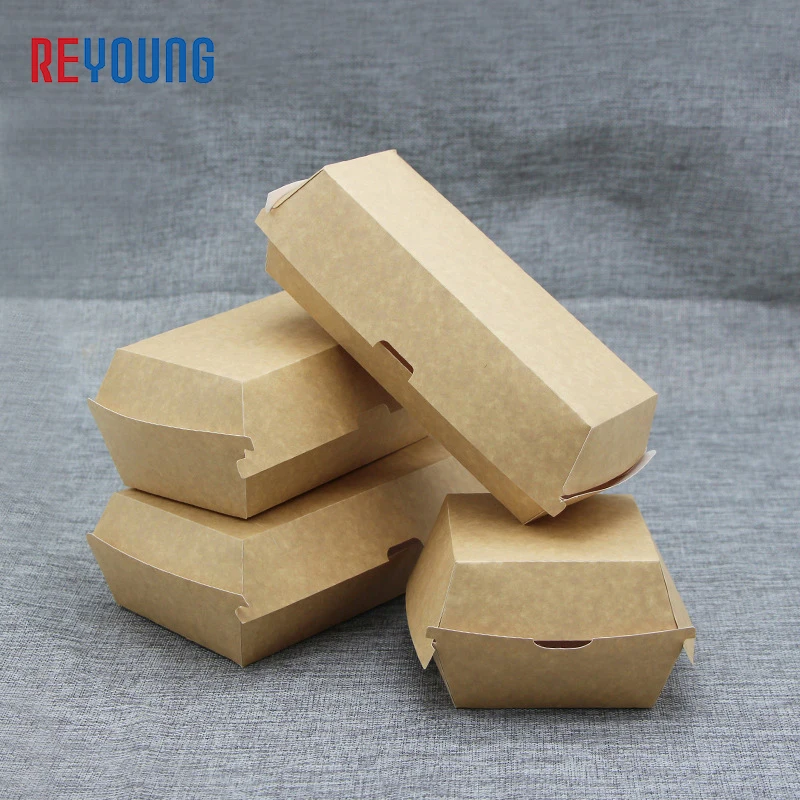 REYOUNG Biodegradable Clamshell Kraft Burger Packaging Box Hamburger Brown Clamshell Corrugated Cardboard Paper Box