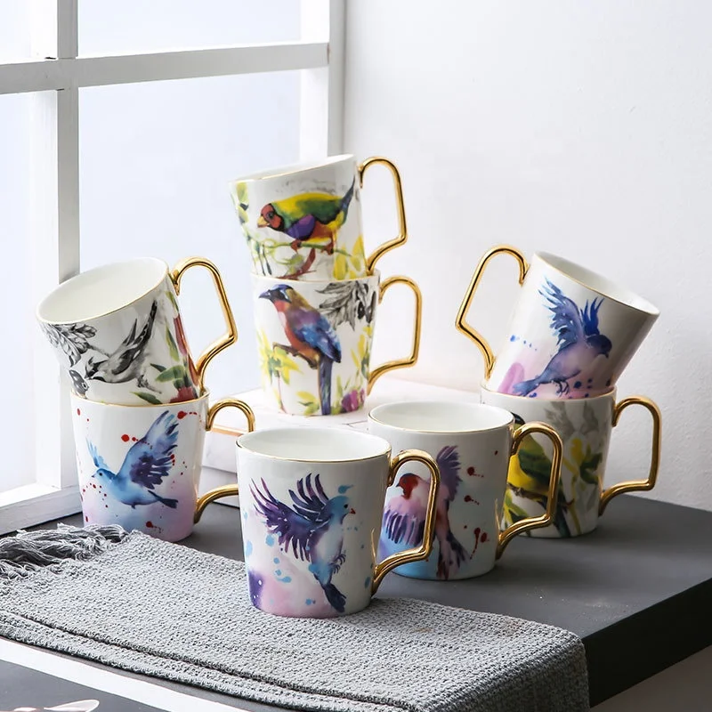 
Bird language floral animal large capacity mug creative water cup couple afternoon tea cup high-grade gold ceramic cup 