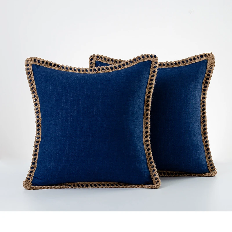 Amazon Hot Sale Farmhouse Decorative Throw Pillow Covers Burlap Linen Trimmed Tailored Edges Navy Blue 18 x 18 inches