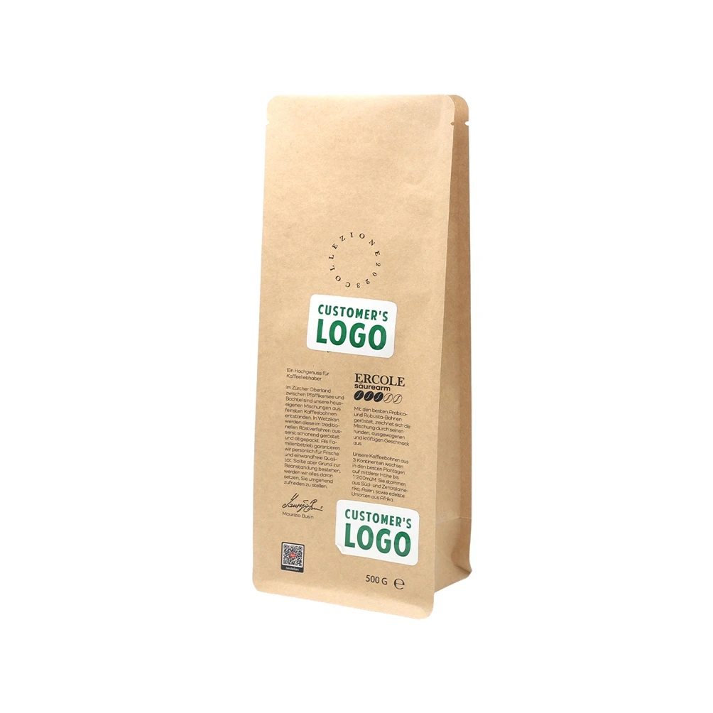 Kraft Paper Flat Bottom Bag Custom Printed Coffee Bag Flat Brown Kraft Paper Bags With Zipper