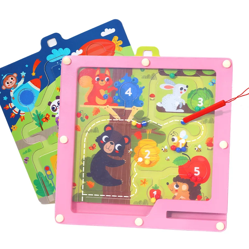 Kids Educational Montessori Brain Teaser Round Square Wooden Mini Puzzles Fidget Labyrinth 3D Maze Ball Game Toys