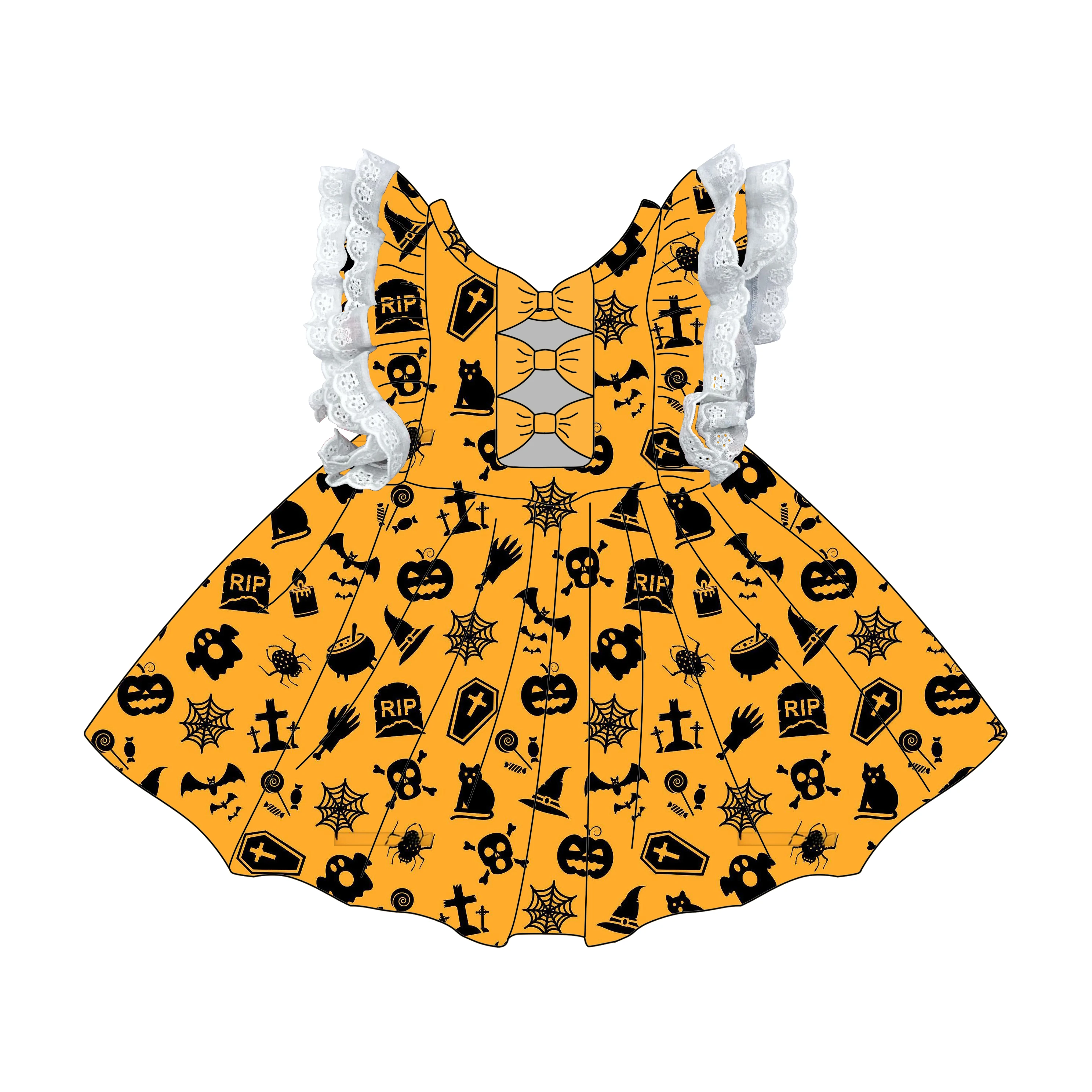 Fong Yi Custom Halloween Printed Toddler Dress Girls O-Neck Backless Lace Crocheted Technique Long Ages 10-14 Summer Dress