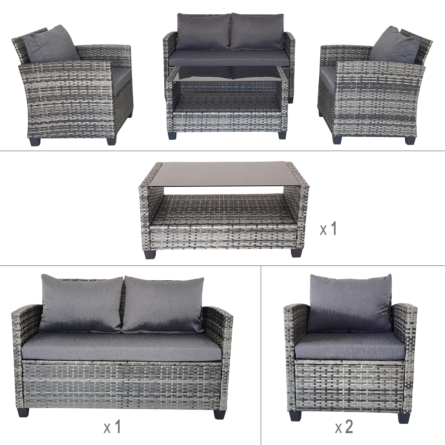 Wholesale Manufacture Set of 4 Leisure  Conversation Rattan Table and Chair with Plastic Feet