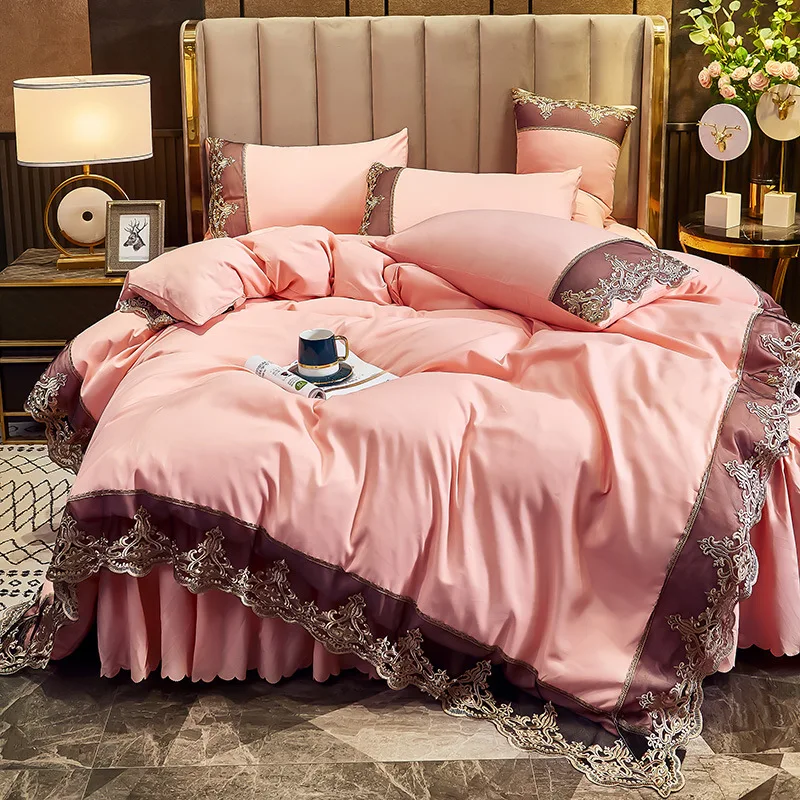 western luxury design korean princess style 4pcs wedding lace edges duvet cover bedsheet bedding set