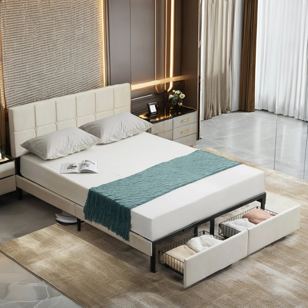 Full Twin Bed Frame with Storage Upholstered Double Bed Platform Bed for Apartment Hotel Bedroom