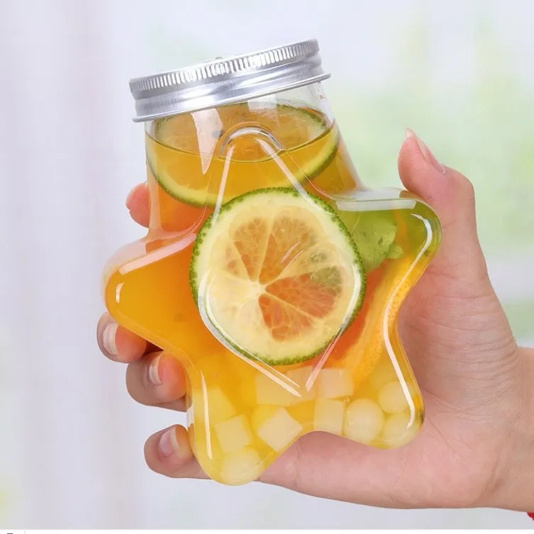 Wholesale Creative Large Mouth Bottle Takeaway Disposable Star shape PET Beverage plastic Milk Tea bottle
