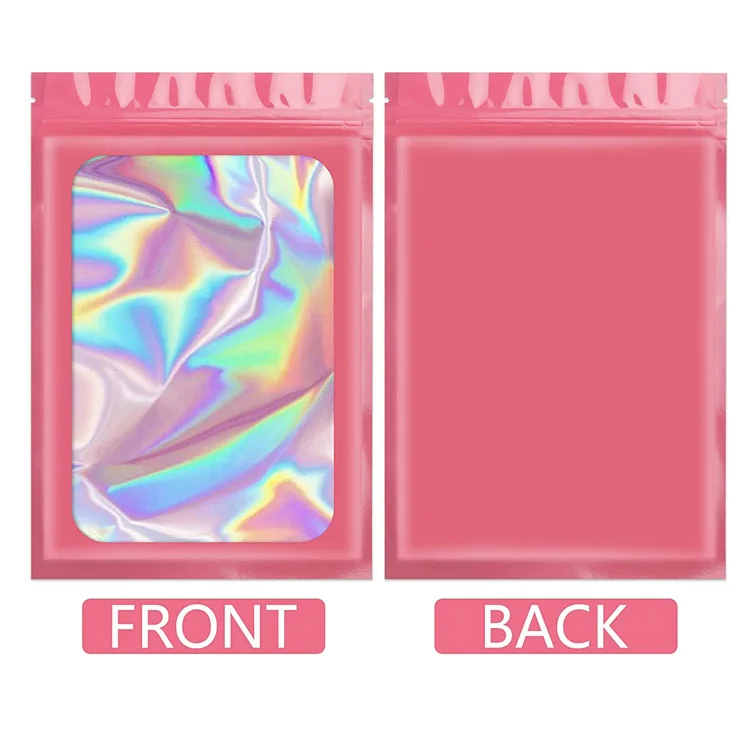 Design Custom Printed Mylar Pvc Pink Small Holographic Iridescent Smell Proof Resealable Packaging Ziplock Gift Bag With Zipper
