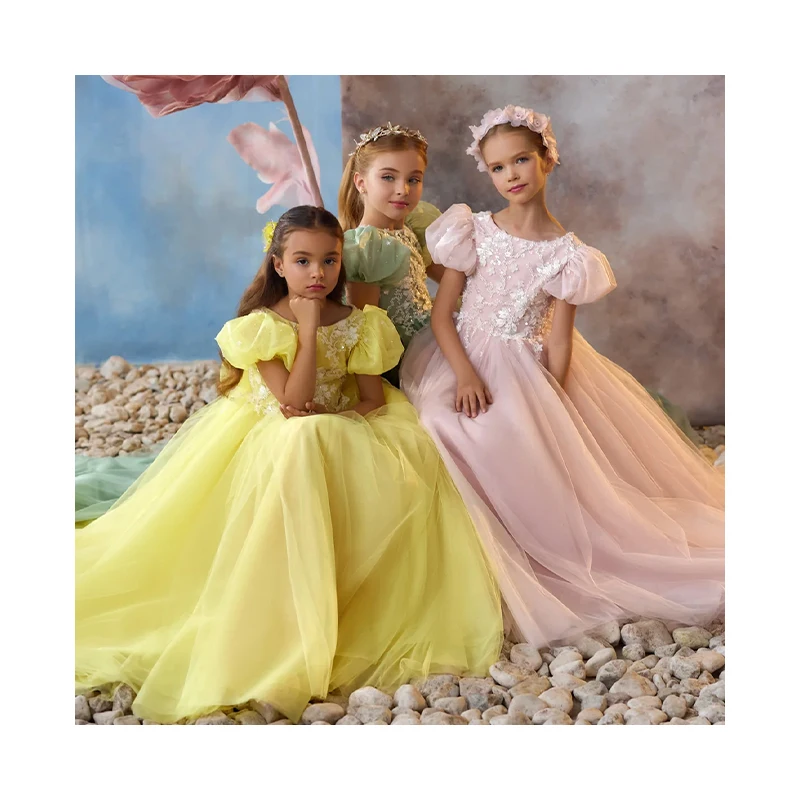 Fairy Tale Dreamy Candy Color Flower Tulle Haute Couture High Quality Wedding Birthday Girl Princess Party Dress with Train