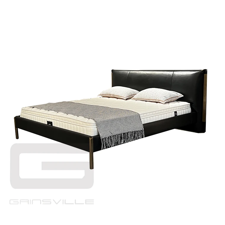 Italian design luxury modern leather back bed room set black 1.8 m double genuine leather bed