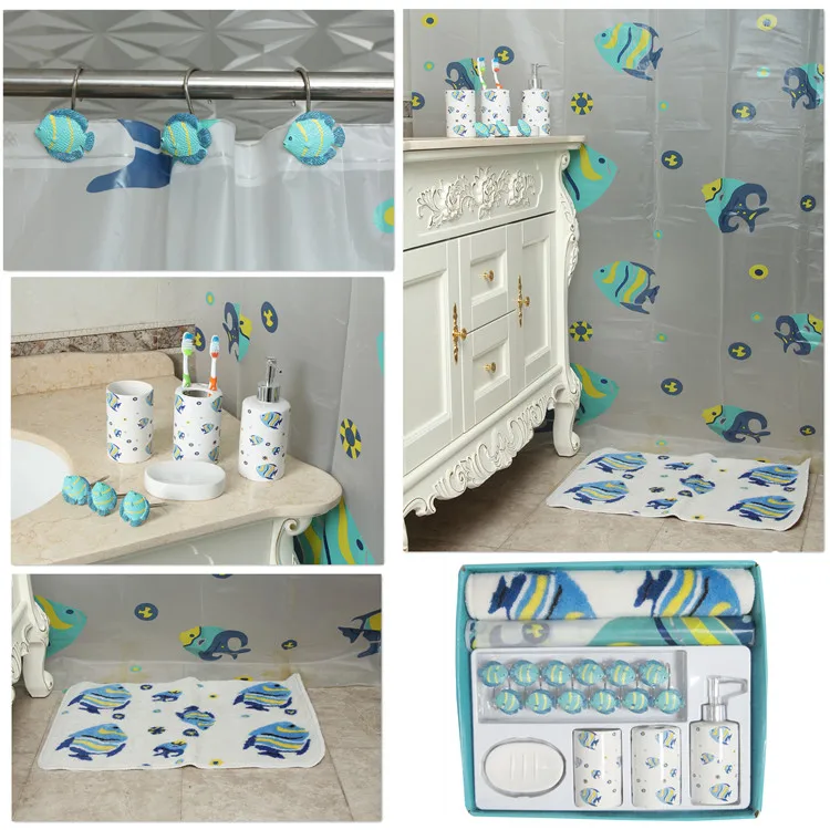 Plastic Printing Shower Curtain with Resin Hooks for Bathroom Accessory Set of 18 Plastic Shower Curtain Bath Accessories Sets