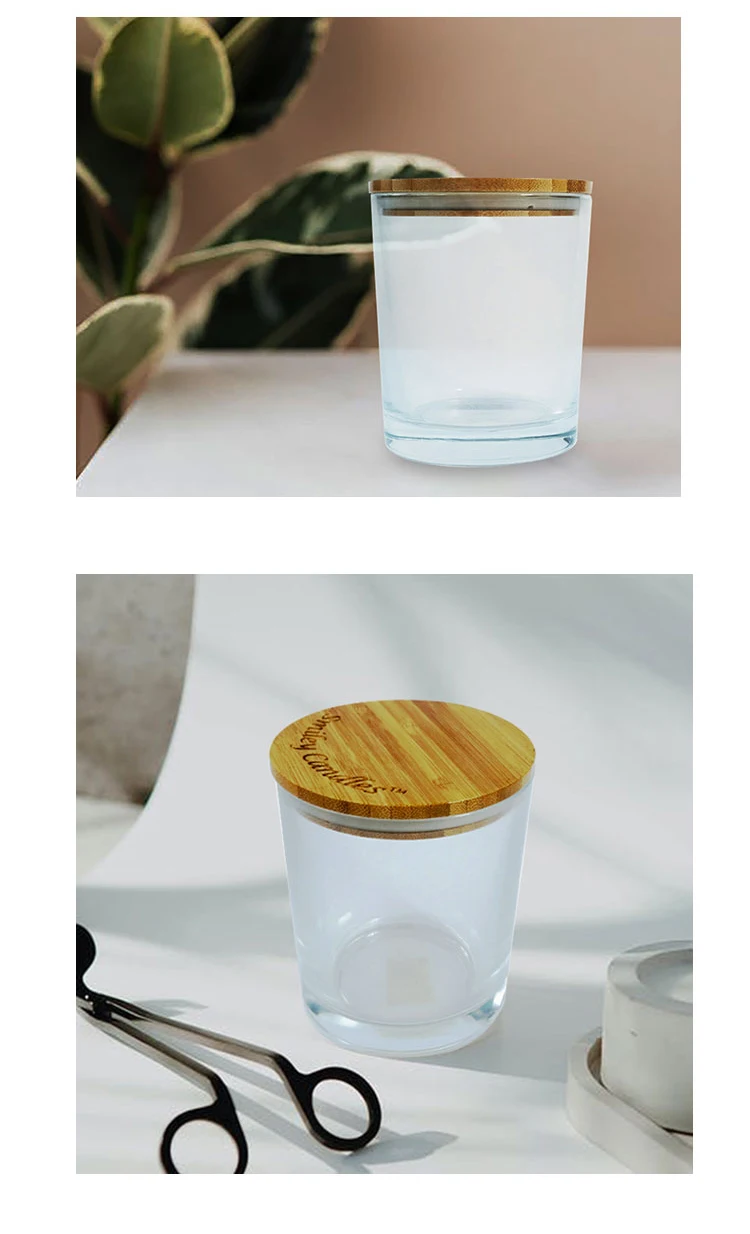 Transparent wholesale glass candle jar candle holder candle cup container with wooded lid for home decor