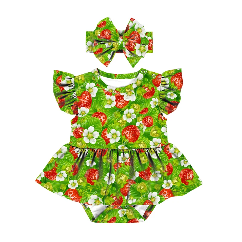 2023 Custom Print Toddler Baby Girls Flutter Short Sleeve One Piece Skirted Romper Bodysuit Outfit