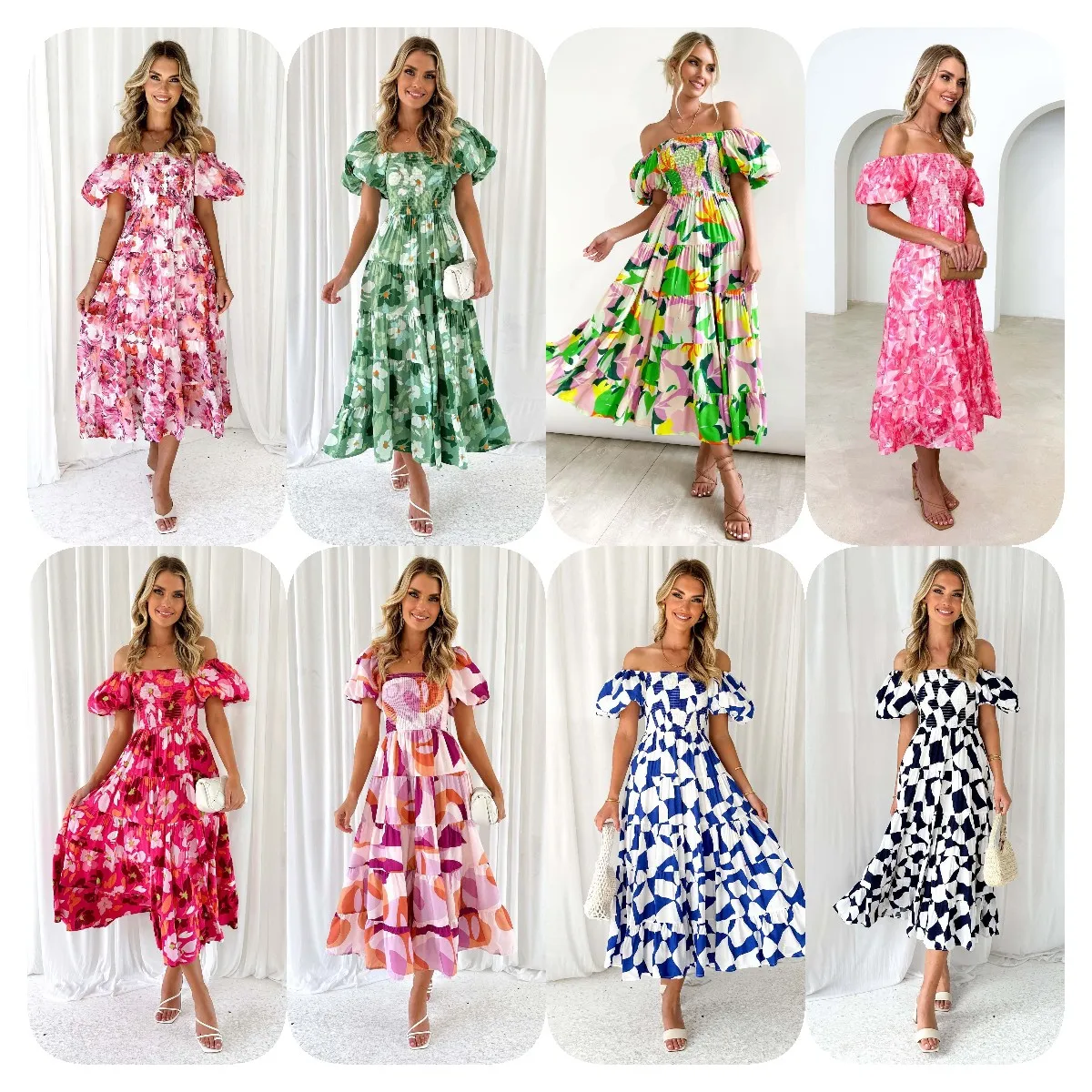 European and American platforms cross-border sales of one-line collar printed puffy skirt puffy sleeve dress women 2024