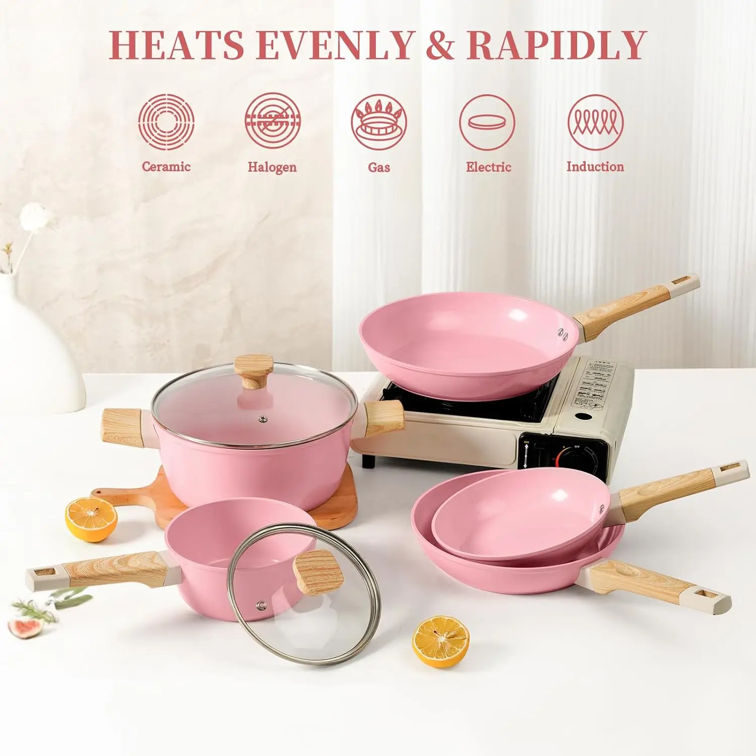 9 Pcs Induction Pink Aluminum Ceramic Non Stick Pan Set Cookware Set Cooking with Glass Lid