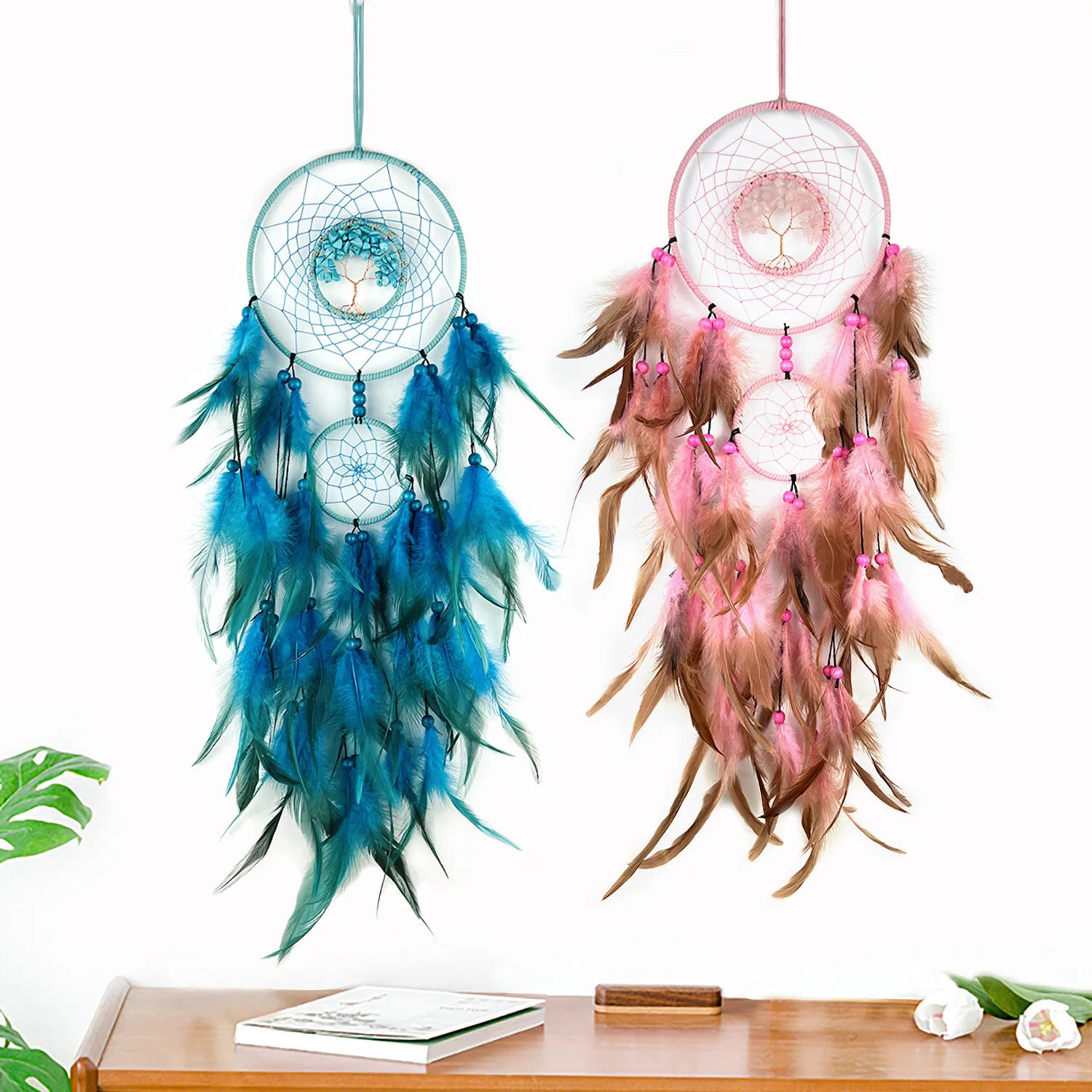 Handcrafted colorful feather lucky turquoise pendant beaded fairy lamp moonlit dream catcher